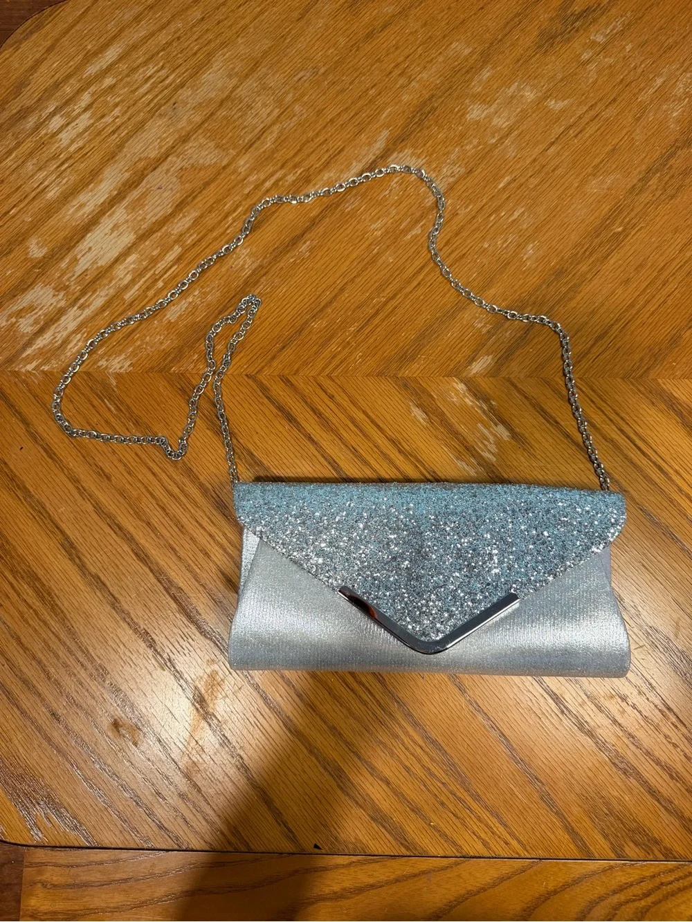 Silver Glitter Envelope Clutch with Chain Strap